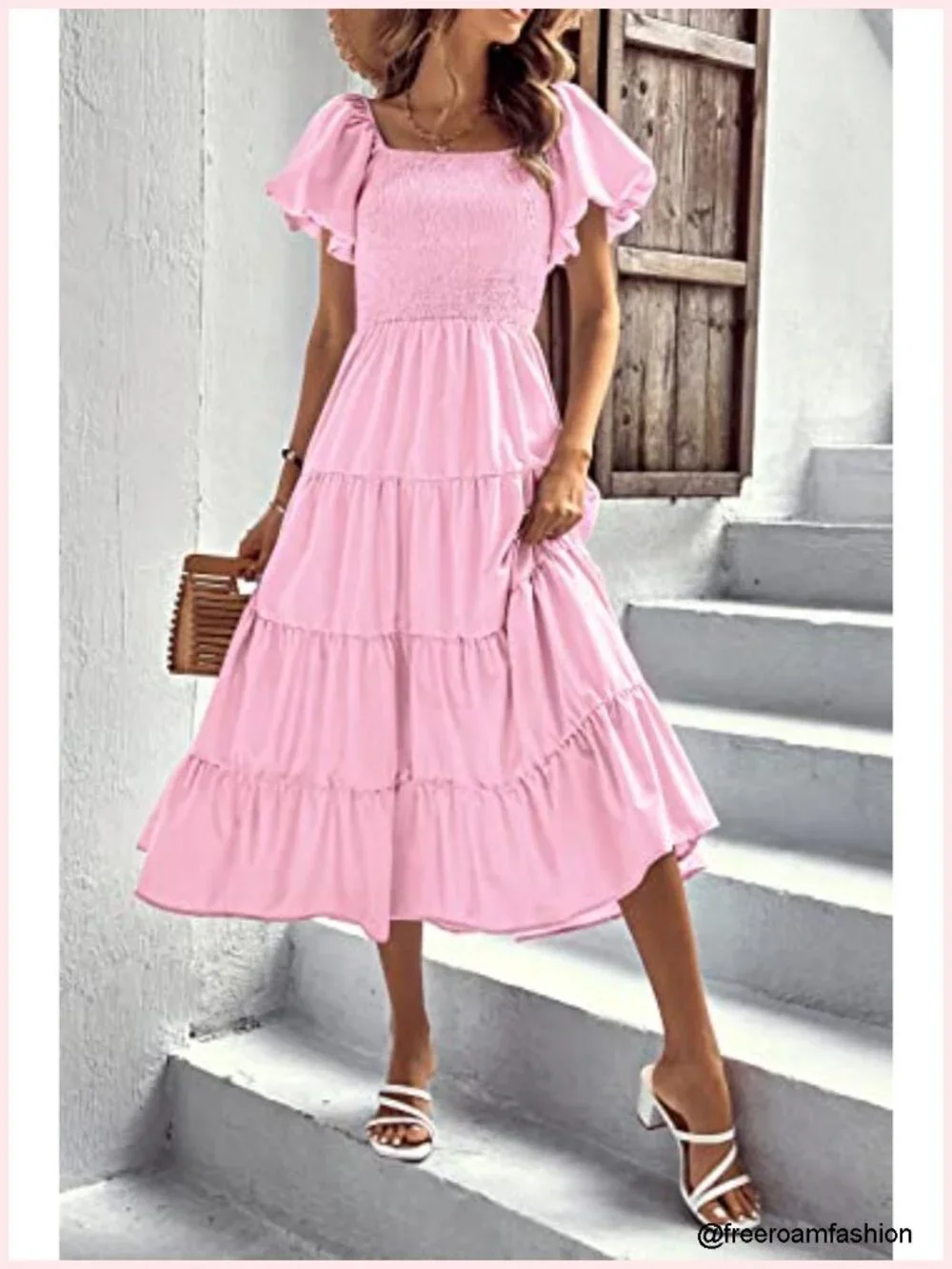 Casual Summer Midi Dress Puffy Short Sleeve Square Neck Smocked Tiered Ruffle